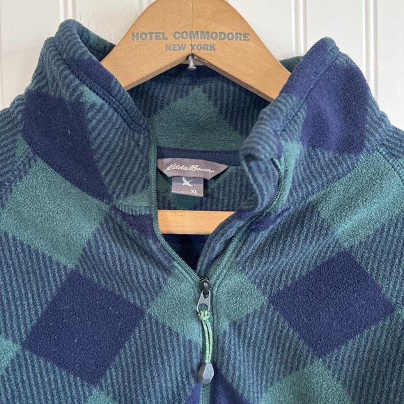 Eddie Bauer Fleece Sweater Womens XL Blue Green Plaid Long Sleeve 1/4 Zip - Picture 2 of 6